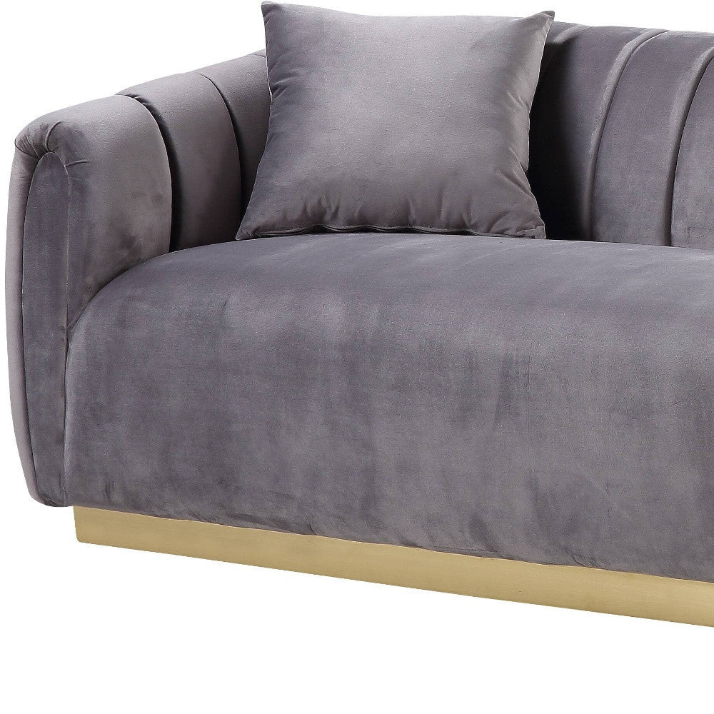 84" Gray Velvet Sofa And Toss Pillows With Gold Legs Image 4