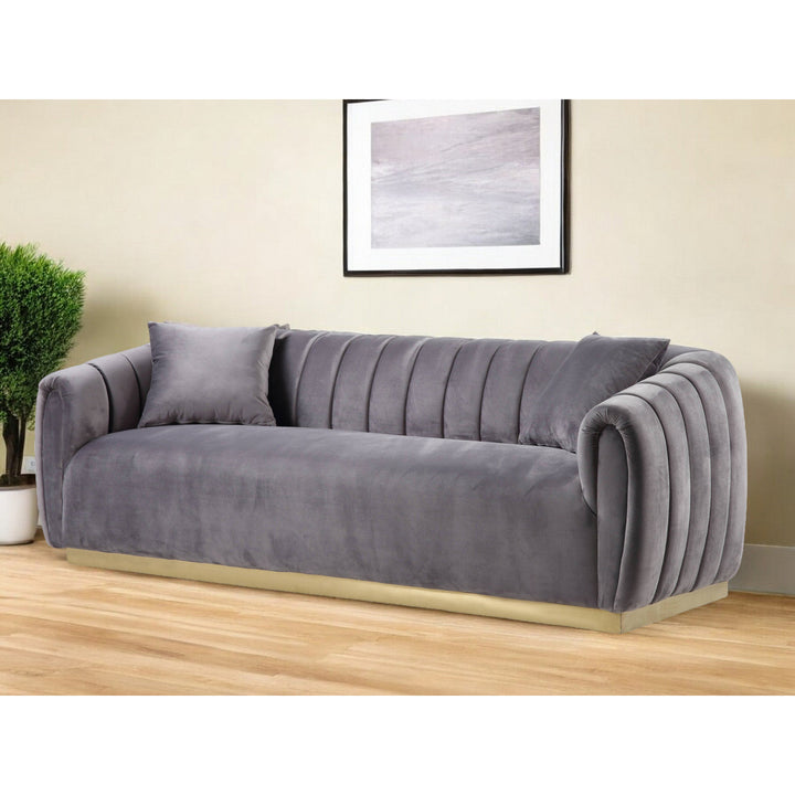 84" Gray Velvet Sofa And Toss Pillows With Gold Legs Image 5