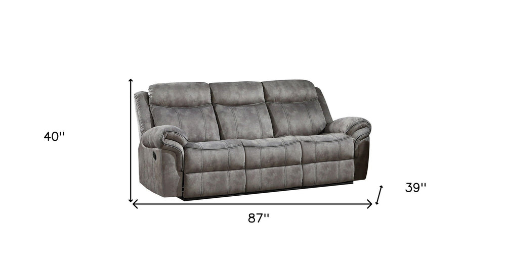 87" Gray Velvet Reclining USB Sofa With Black Legs Image 2