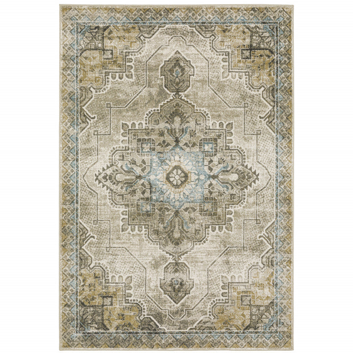 8 X 10 Grey Blue Beige And Gold Oriental Power Loom Stain Resistant Area Rug Image 1