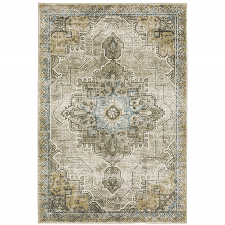 8 X 10 Grey Blue Beige And Gold Oriental Power Loom Stain Resistant Area Rug Image 1