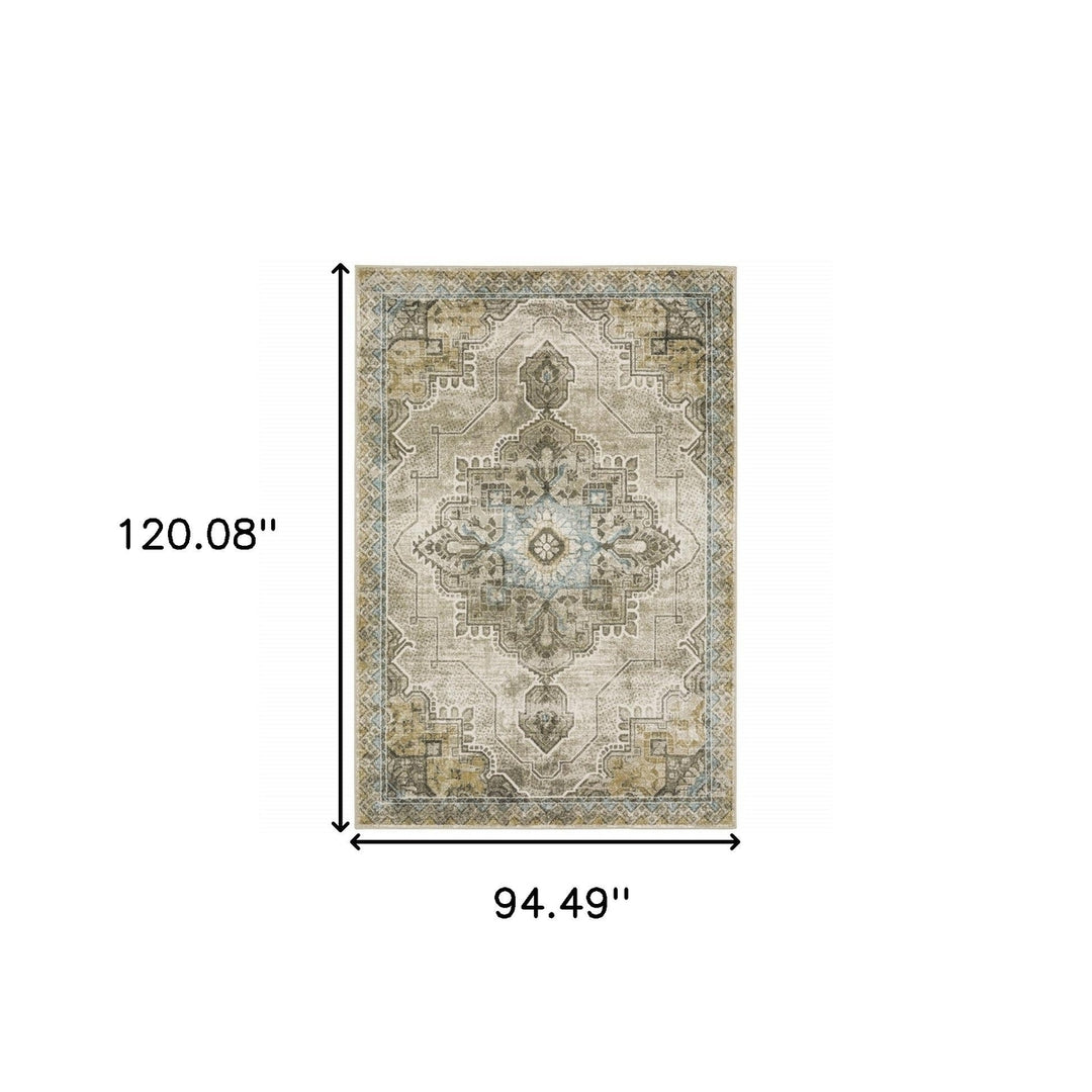 8 X 10 Grey Blue Beige And Gold Oriental Power Loom Stain Resistant Area Rug Image 11