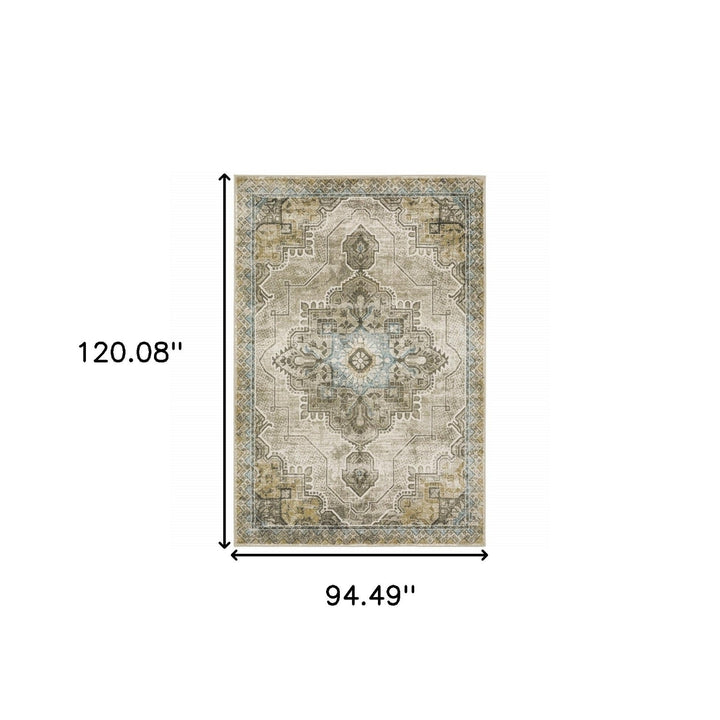 8 X 10 Grey Blue Beige And Gold Oriental Power Loom Stain Resistant Area Rug Image 11