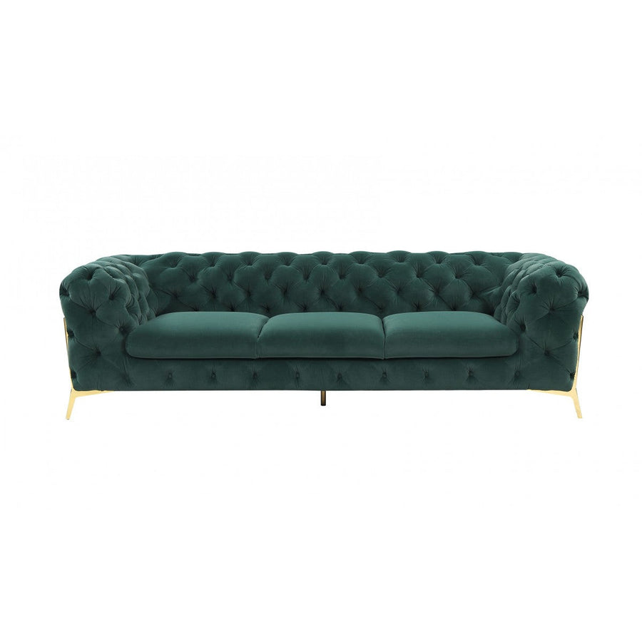 97" Green Velvet Sofa With Gold Legs Image 1