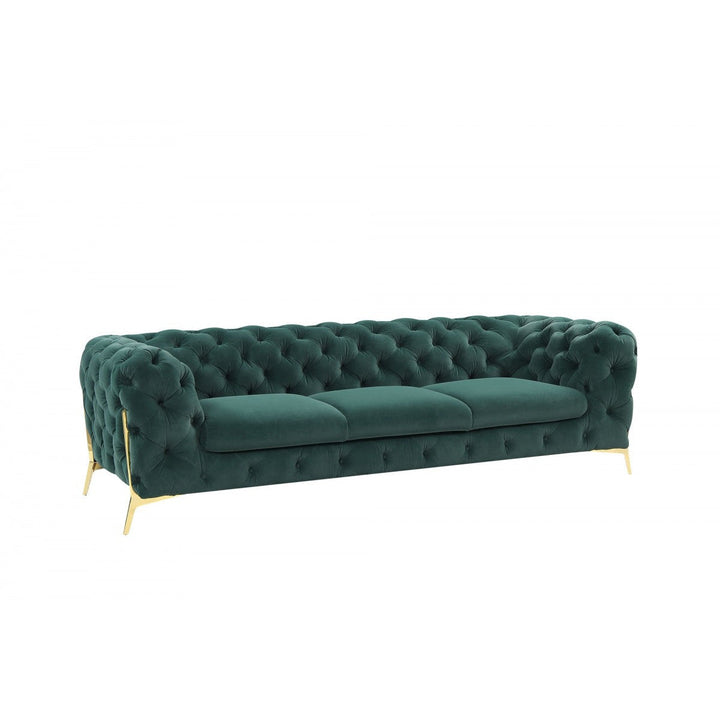 97" Green Velvet Sofa With Gold Legs Image 2