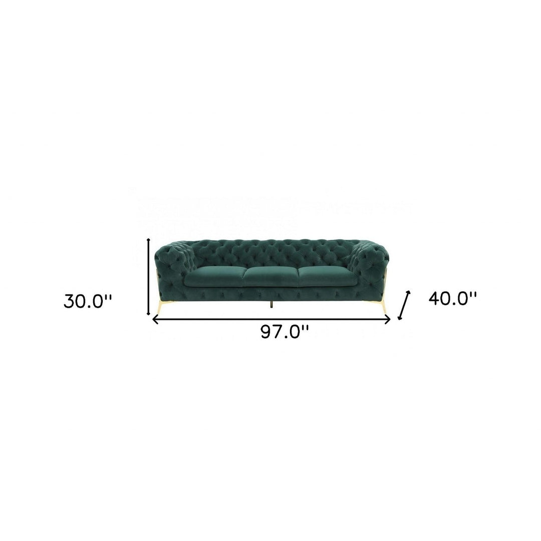 97" Green Velvet Sofa With Gold Legs Image 5