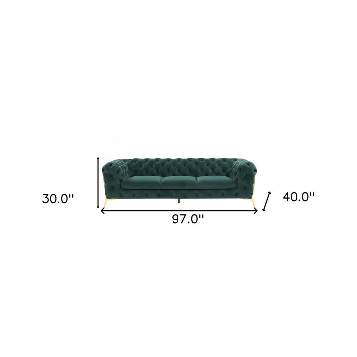 97" Green Velvet Sofa With Gold Legs Image 5