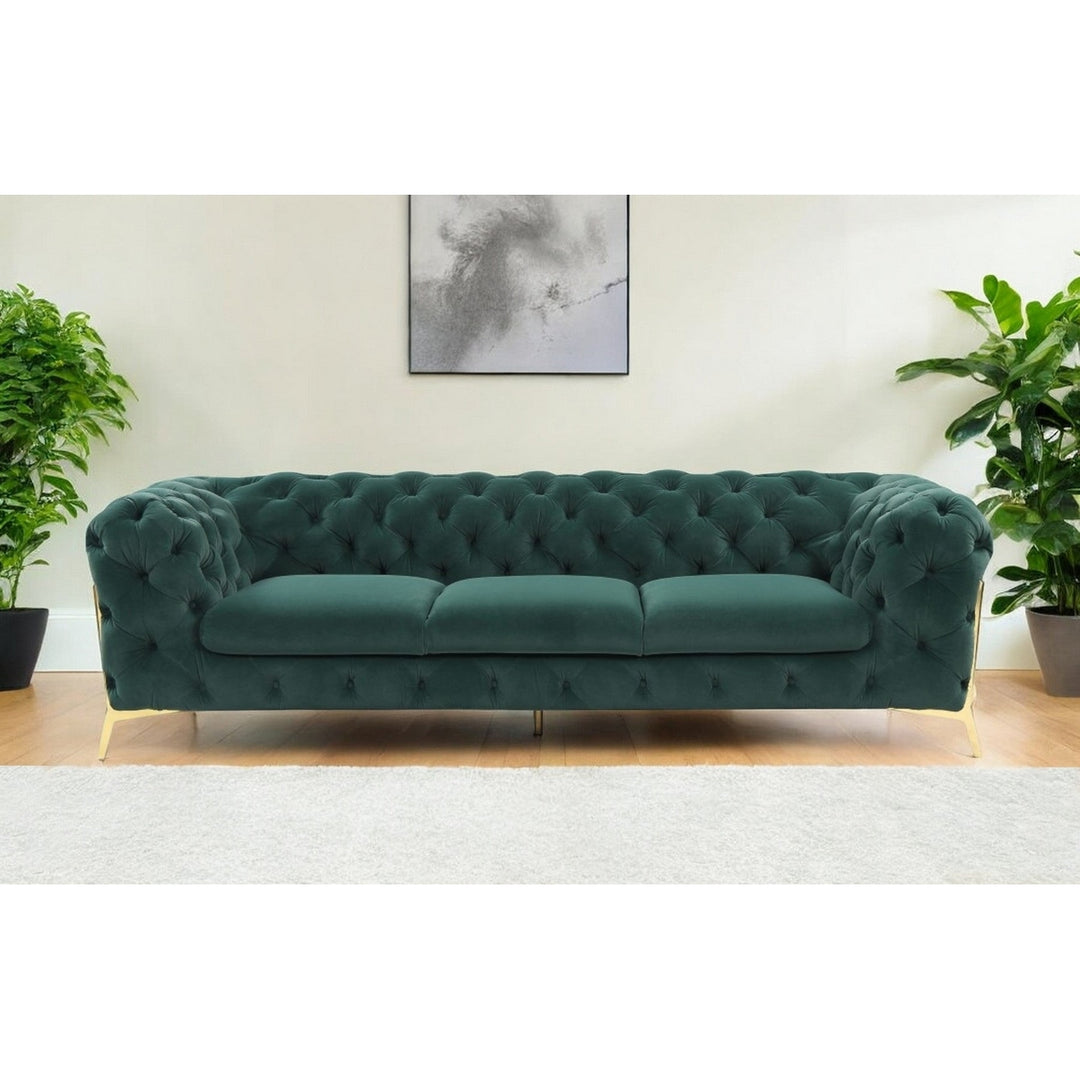 97" Green Velvet Sofa With Gold Legs Image 6