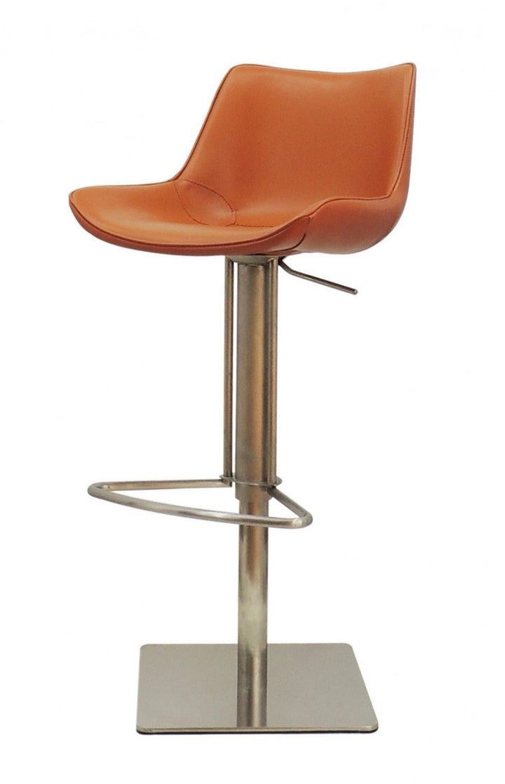 Adjustable Height Terra Cotta And Silver Faux Leather And Stainless Steel Swivel Bar Height Bar Chair Image 4