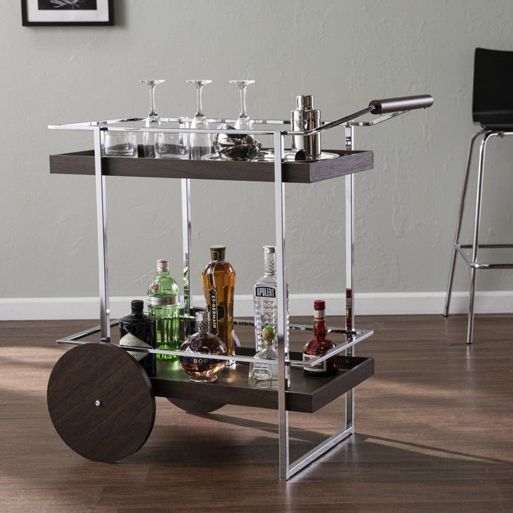 Brown and Silver Mod Rolling Bar Cart Image 1