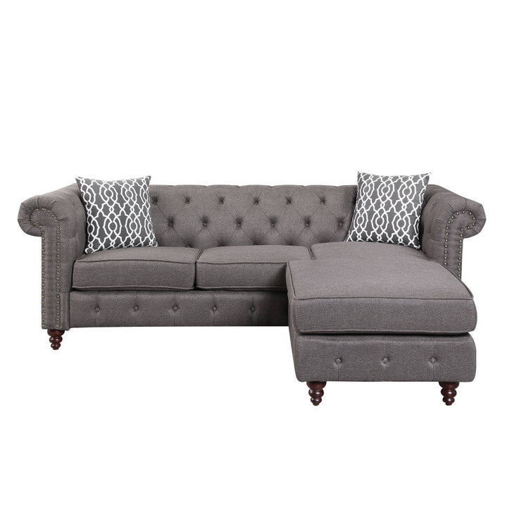 Brown Linen L Shaped Sofa and Chaise Sectional And Toss Pillows Image 1