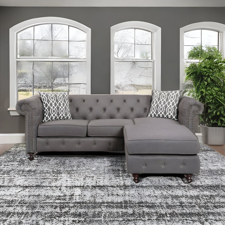 Brown Linen L Shaped Sofa and Chaise Sectional And Toss Pillows Image 4