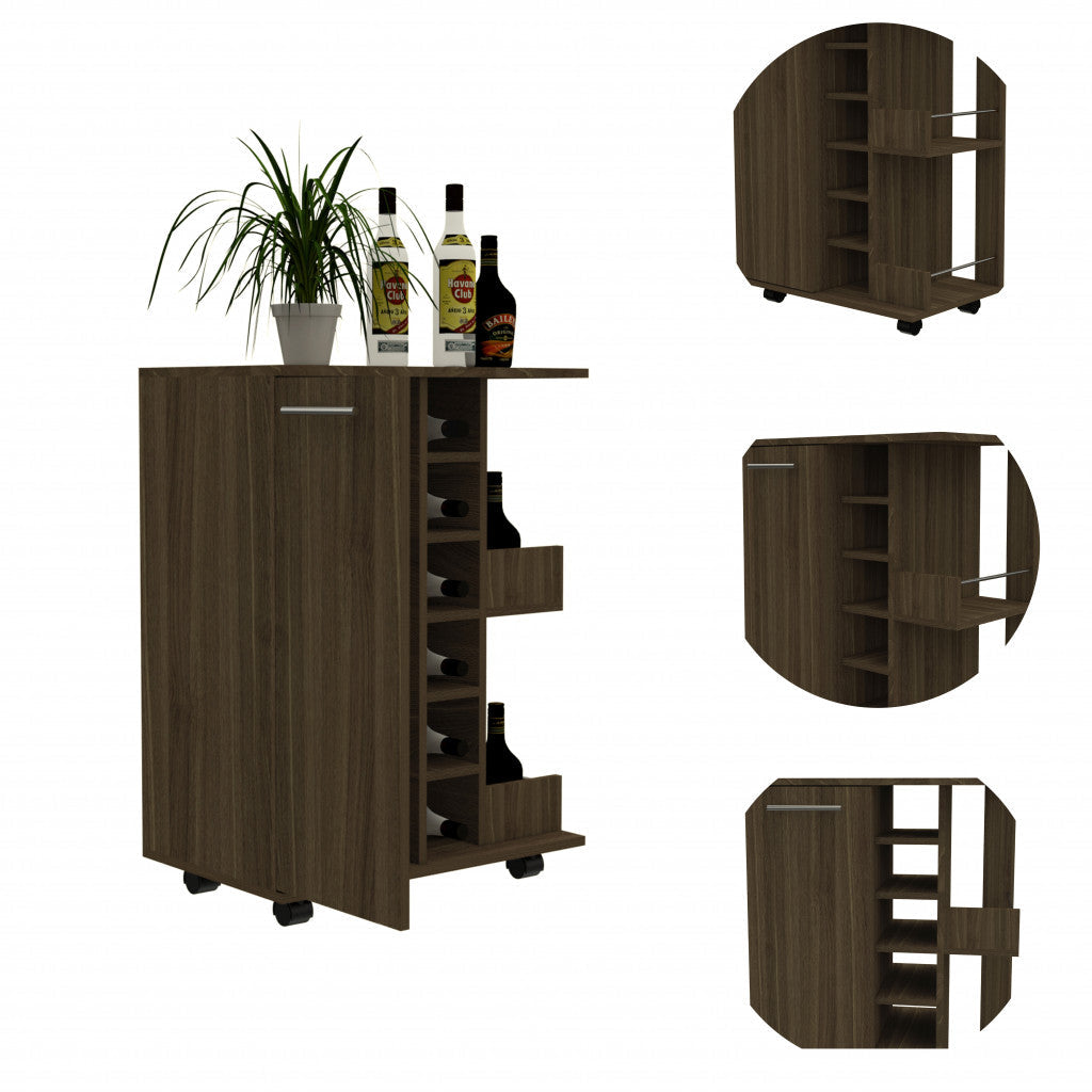 Brown Rolling Bar Cart With Wine Storage Image 3