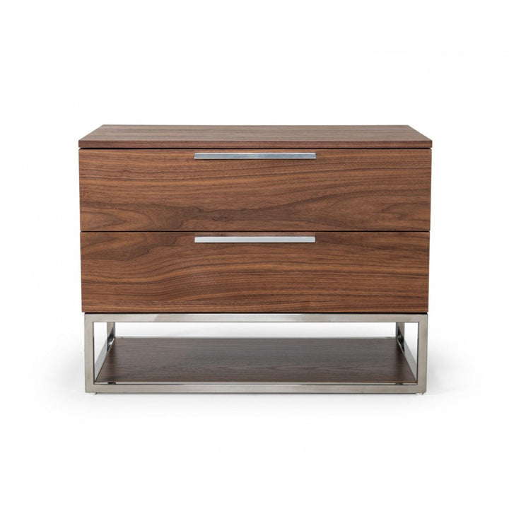 Contemporary Walnut and Stainless Steel Nightstand with Two Drawers Image 1