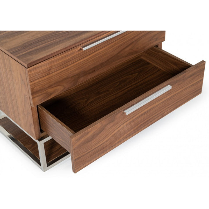 Contemporary Walnut and Stainless Steel Nightstand with Two Drawers Image 3