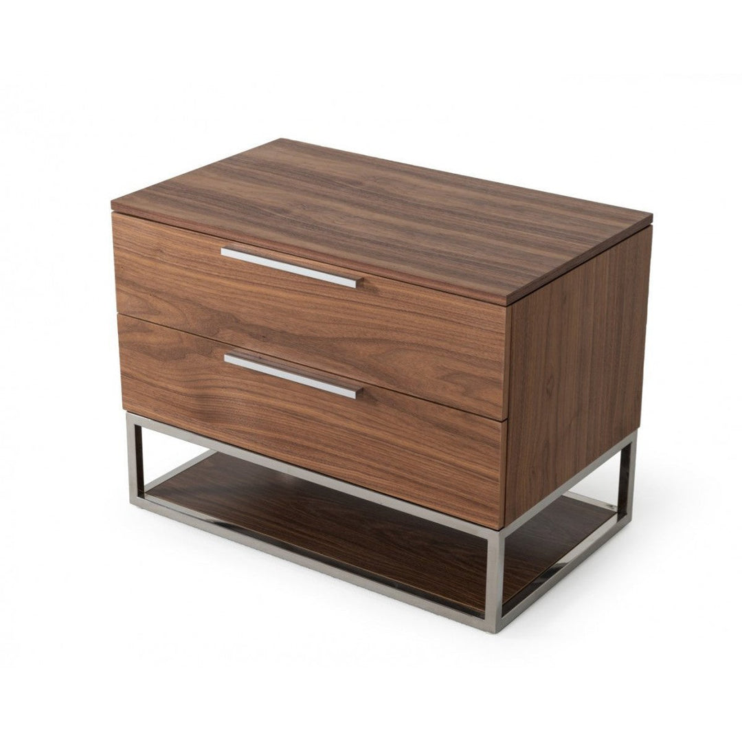 Contemporary Walnut and Stainless Steel Nightstand with Two Drawers Image 4