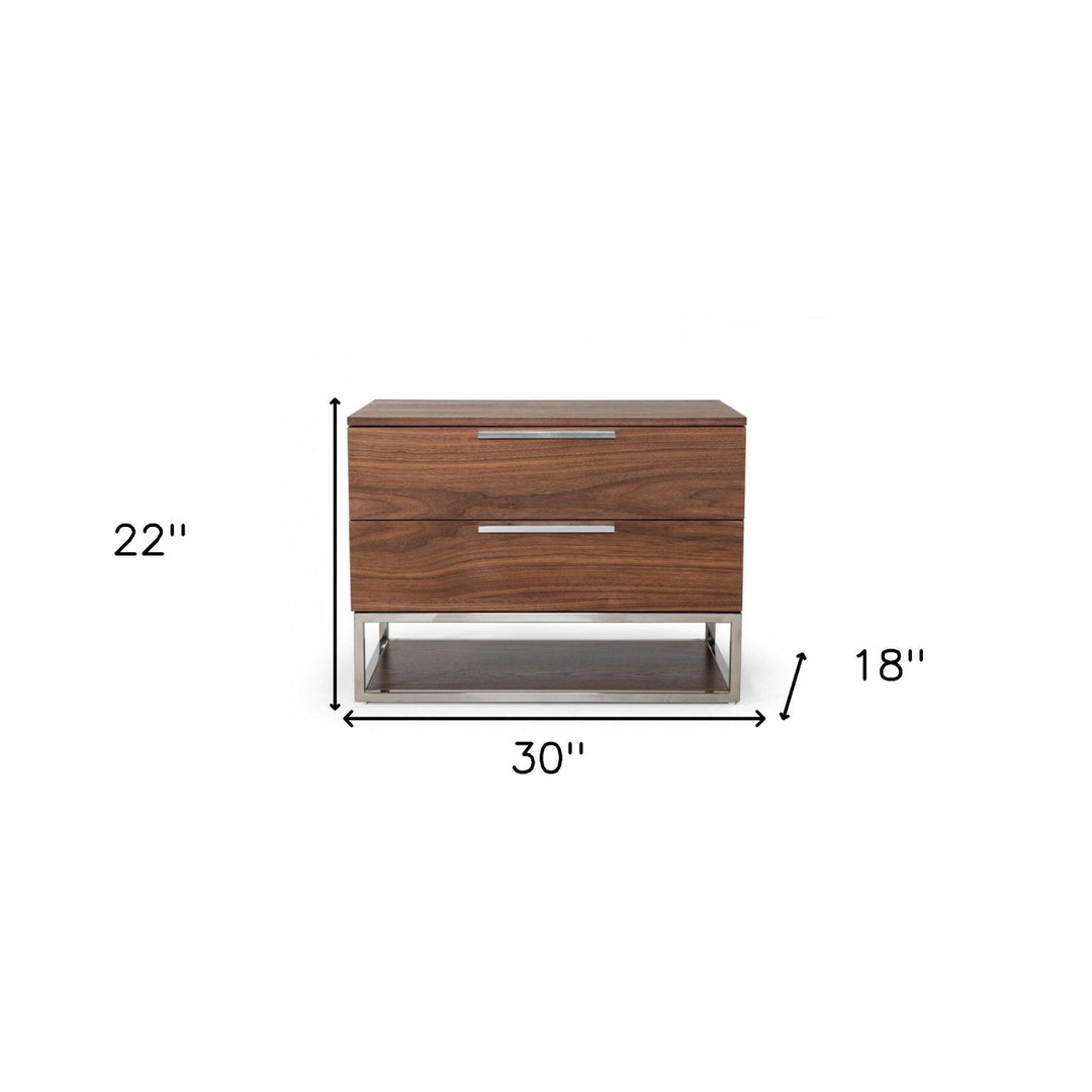 Contemporary Walnut and Stainless Steel Nightstand with Two Drawers Image 5