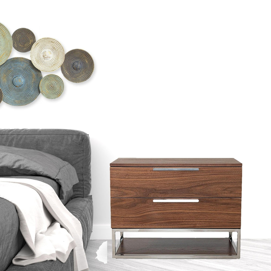 Contemporary Walnut and Stainless Steel Nightstand with Two Drawers Image 6