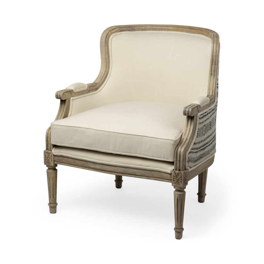 Elizabeth Cream Fabric Seat Accent Chair With Wooden Base Detailed Back Image 1