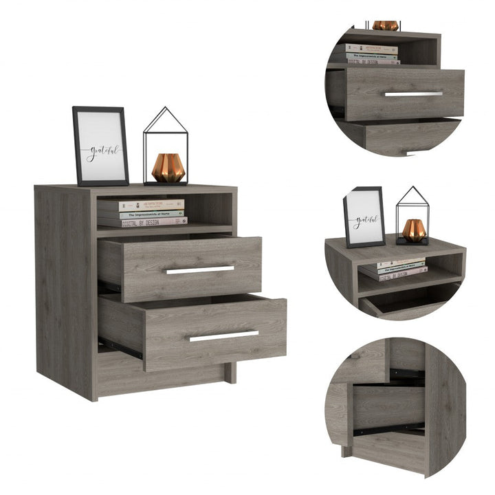 Light Grey Open Compartment Two Drawer Nightstand Image 1