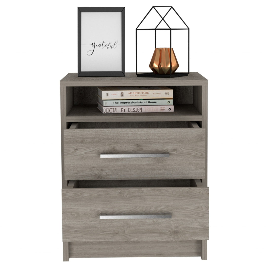 Light Grey Open Compartment Two Drawer Nightstand Image 2