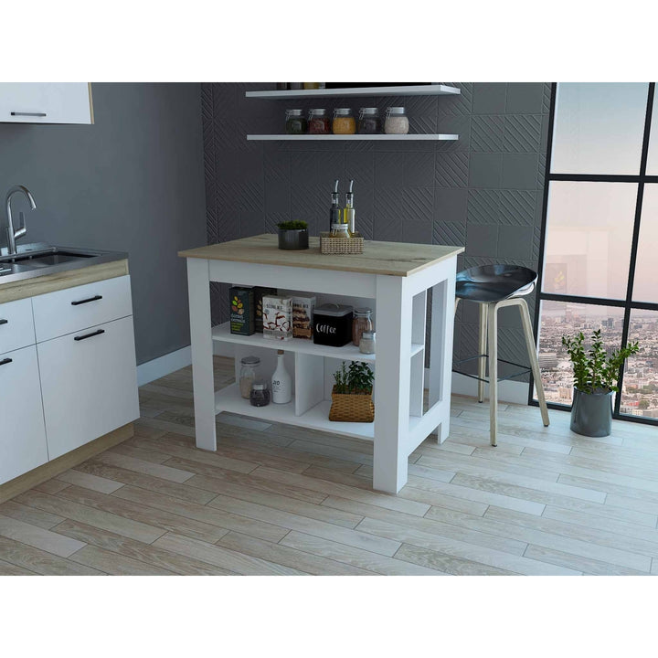 Light Oak and White Kitchen Island with Three Storage Shelves Image 1