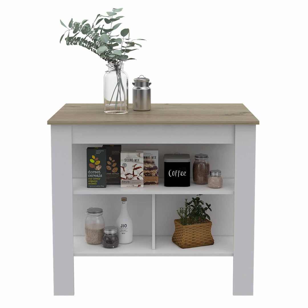 Light Oak and White Kitchen Island with Three Storage Shelves Image 5