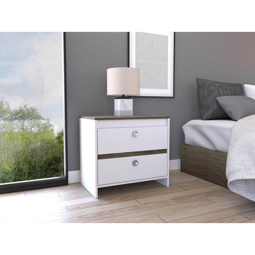 Modern and Minimalist White and Dark Brown Board Nightstand Image 1