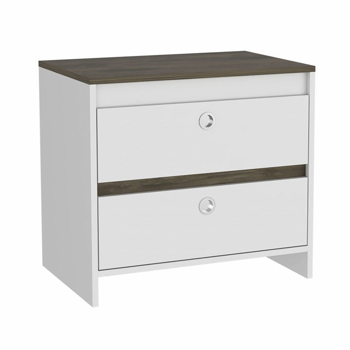 Modern and Minimalist White and Dark Brown Board Nightstand Image 2