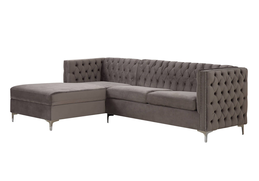 Gray Velvet L Shaped Two Piece Sofa and Chaise Sectional Image 1