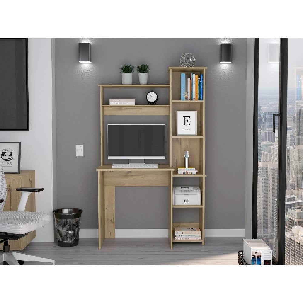 Modern Light Oak Office Desk with Storage Cabinet Image 4