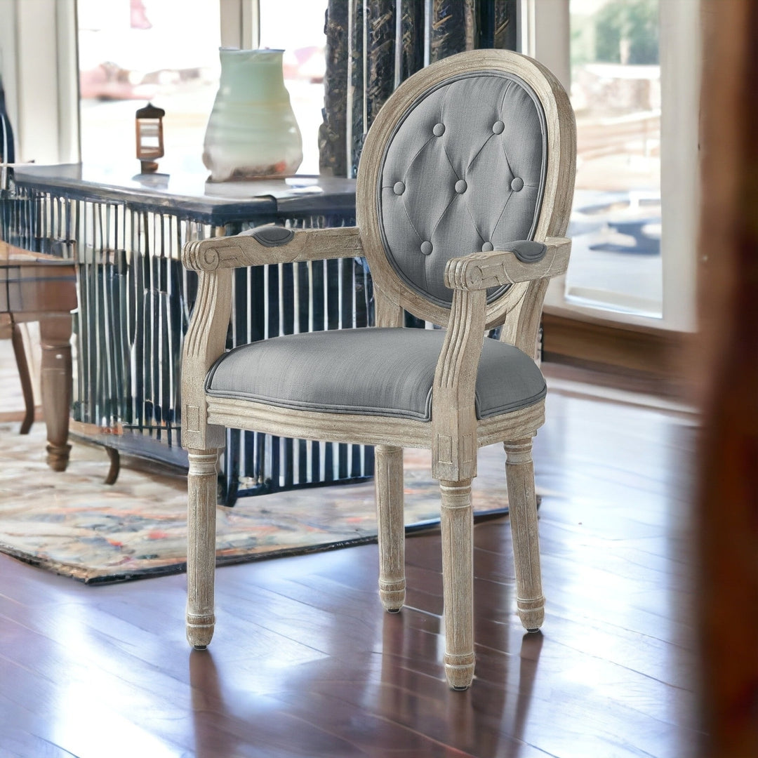 Tufted Gray and Brown Upholstered Linen Dining Arm Chair Image 4