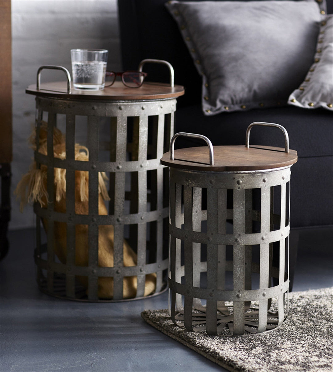 Set of Two 16" Grey And Brown Round End Tables Image 1