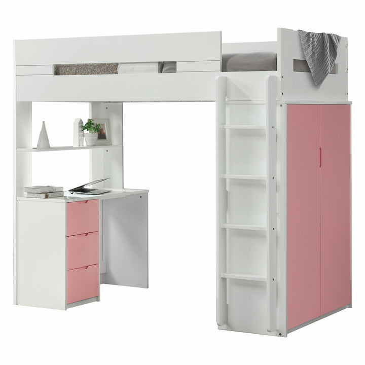 White And Pink Twin Loft Bed And Desk Image 5