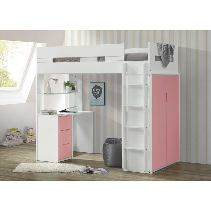 White And Pink Twin Loft Bed And Desk Image 6