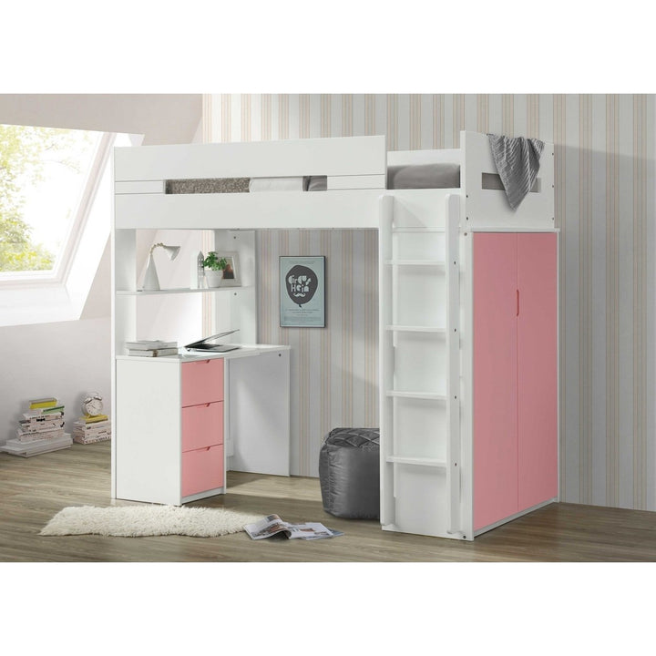 White And Pink Twin Loft Bed And Desk Image 1