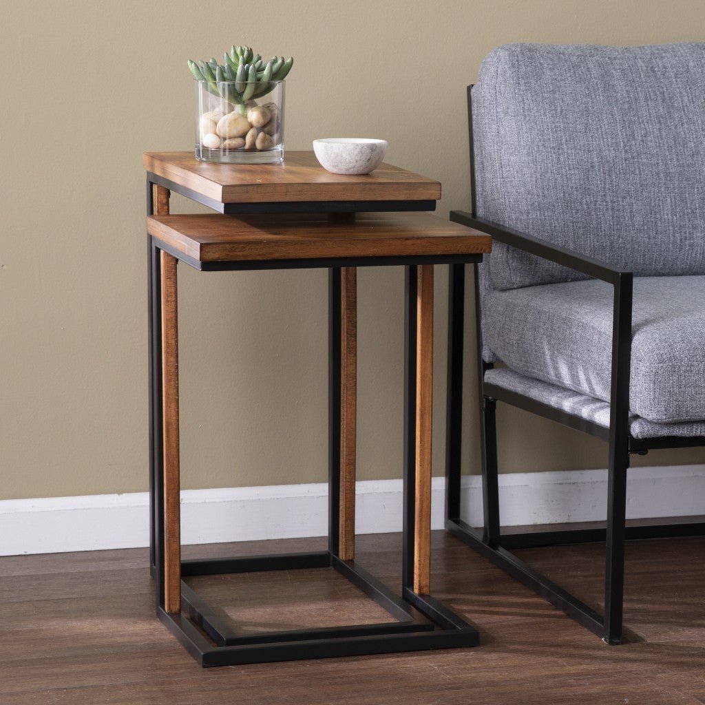 Set Of Two 25" Brown Solid Wood Rectangular Nested End Tables Image 1