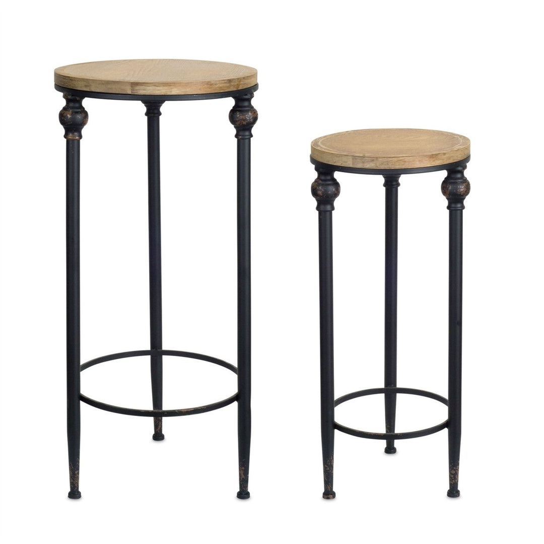 Set of Two 27" Black And Brown Round End Tables Image 1