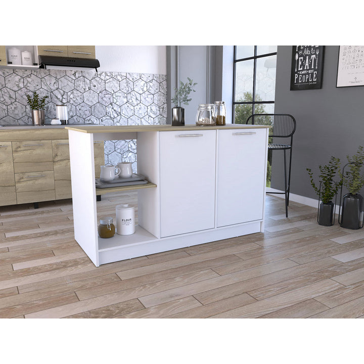 Sleek and Modern White and Light Oak Kitchen Island Image 1