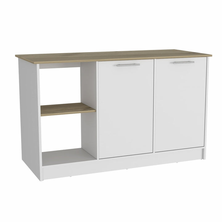 Sleek and Modern White and Light Oak Kitchen Island Image 2