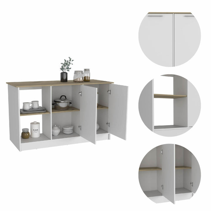 Sleek and Modern White and Light Oak Kitchen Island Image 3