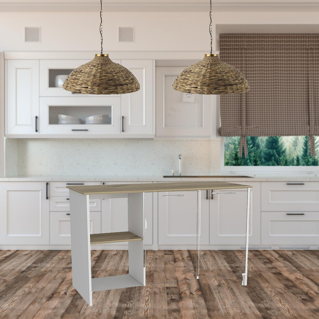 Sleek and Modern White and Light Oak Kitchen Island Image 4