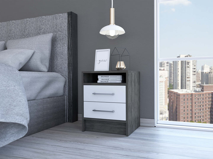 Sophisticated and Stylish Smokey Oak and White Nightstand Image 1