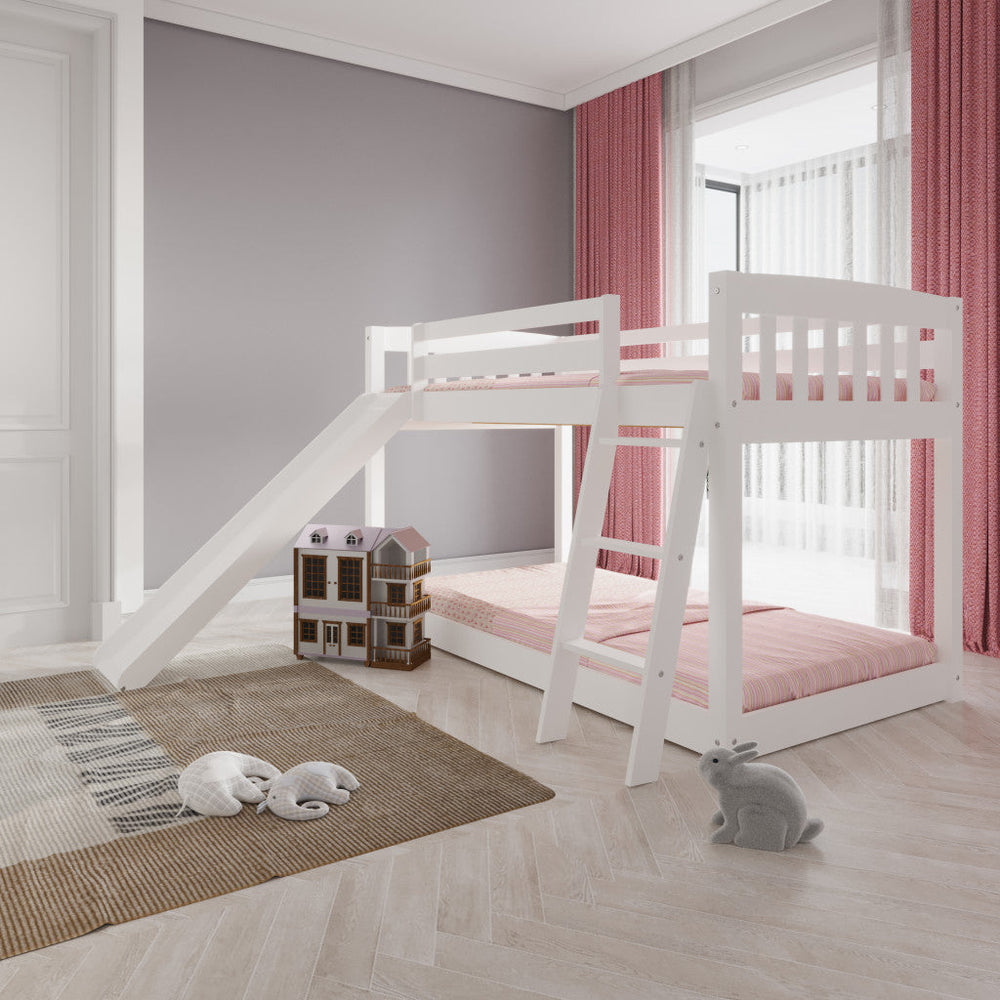 White Twin over Twin Solid Wood Bunk Bed With Slide and Ladder Image 2