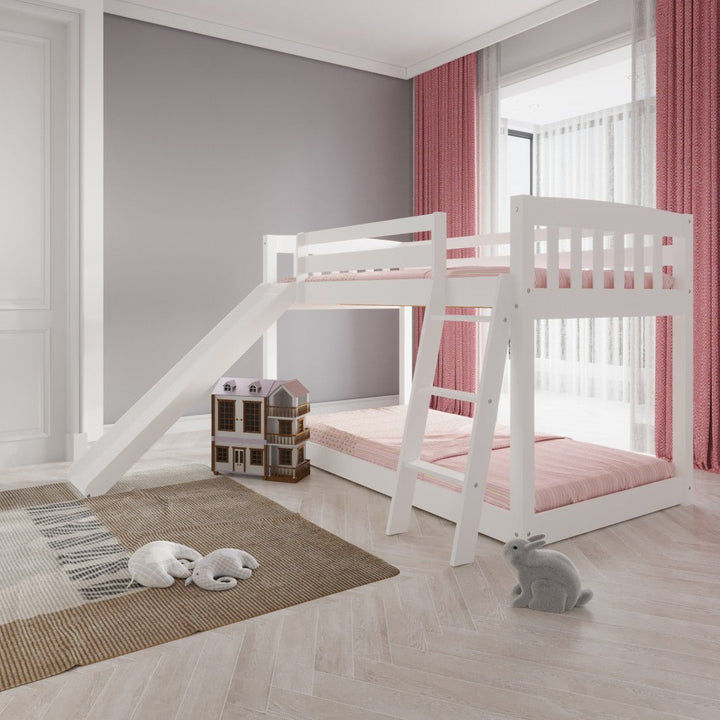 White Twin over Twin Solid Wood Bunk Bed With Slide and Ladder Image 1