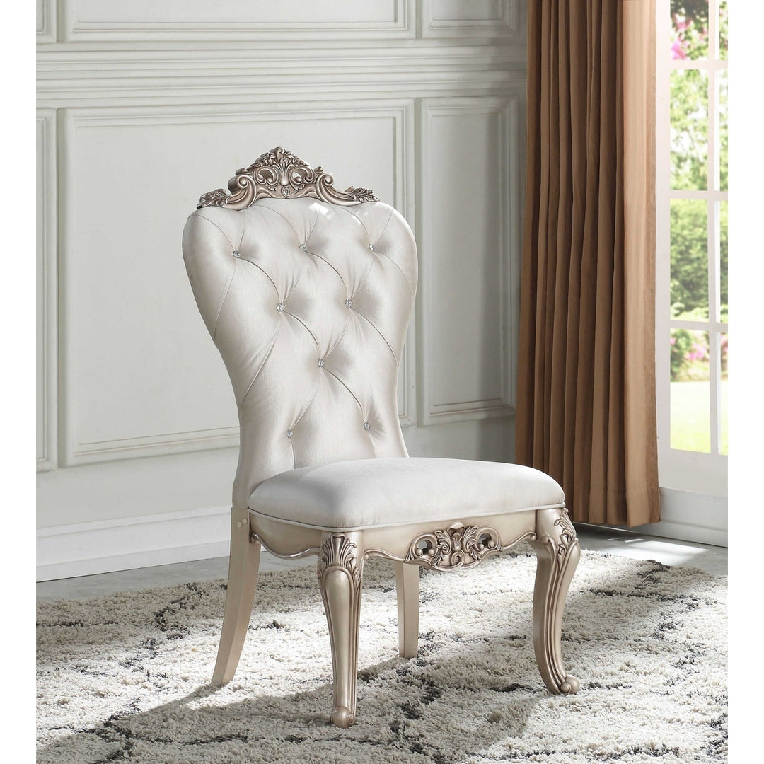 Set of Two Cream And Antiqued White Upholstered Fabric Queen Anne Back Dining Side Chairs Image 3