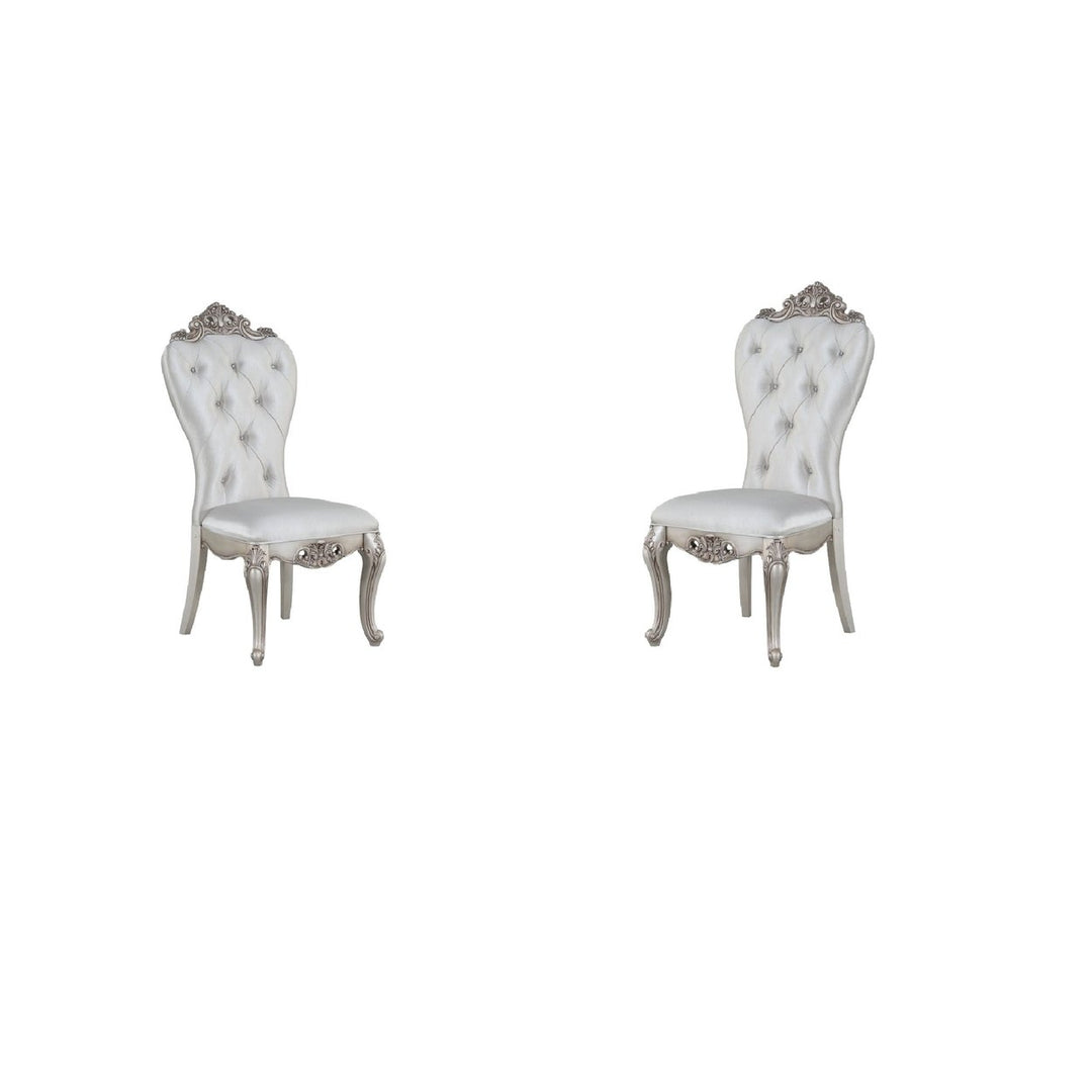 Set of Two Cream And Antiqued White Upholstered Fabric Queen Anne Back Dining Side Chairs Image 7