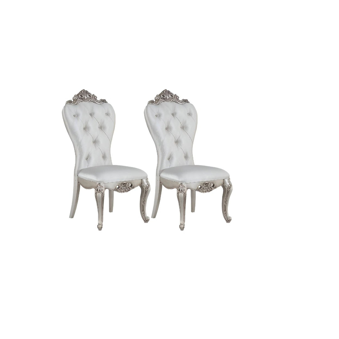 Set of Two Cream And Antiqued White Upholstered Fabric Queen Anne Back Dining Side Chairs Image 9