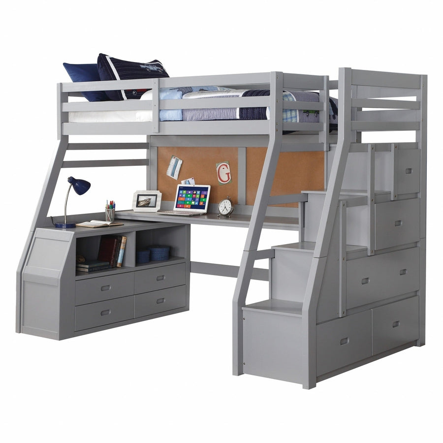 Twin Size Gray Finish Pine Wood Loft Bed Image 1