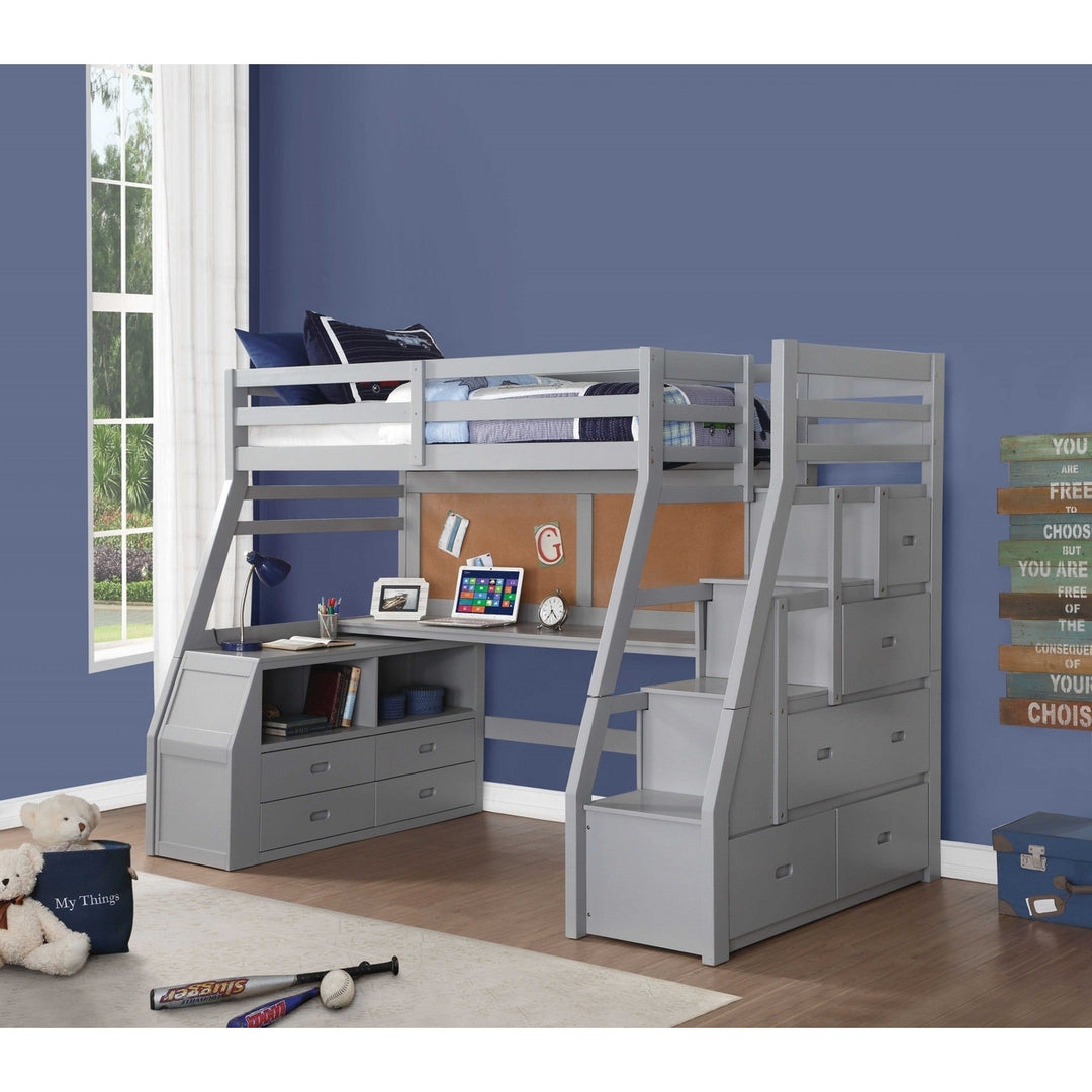 Twin Size Gray Finish Pine Wood Loft Bed Image 2